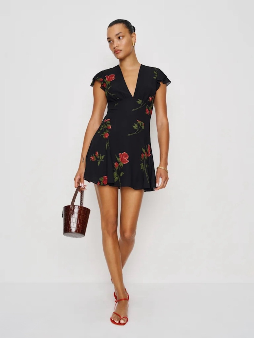 Reformation Black Mini Dress with Red Rose Print